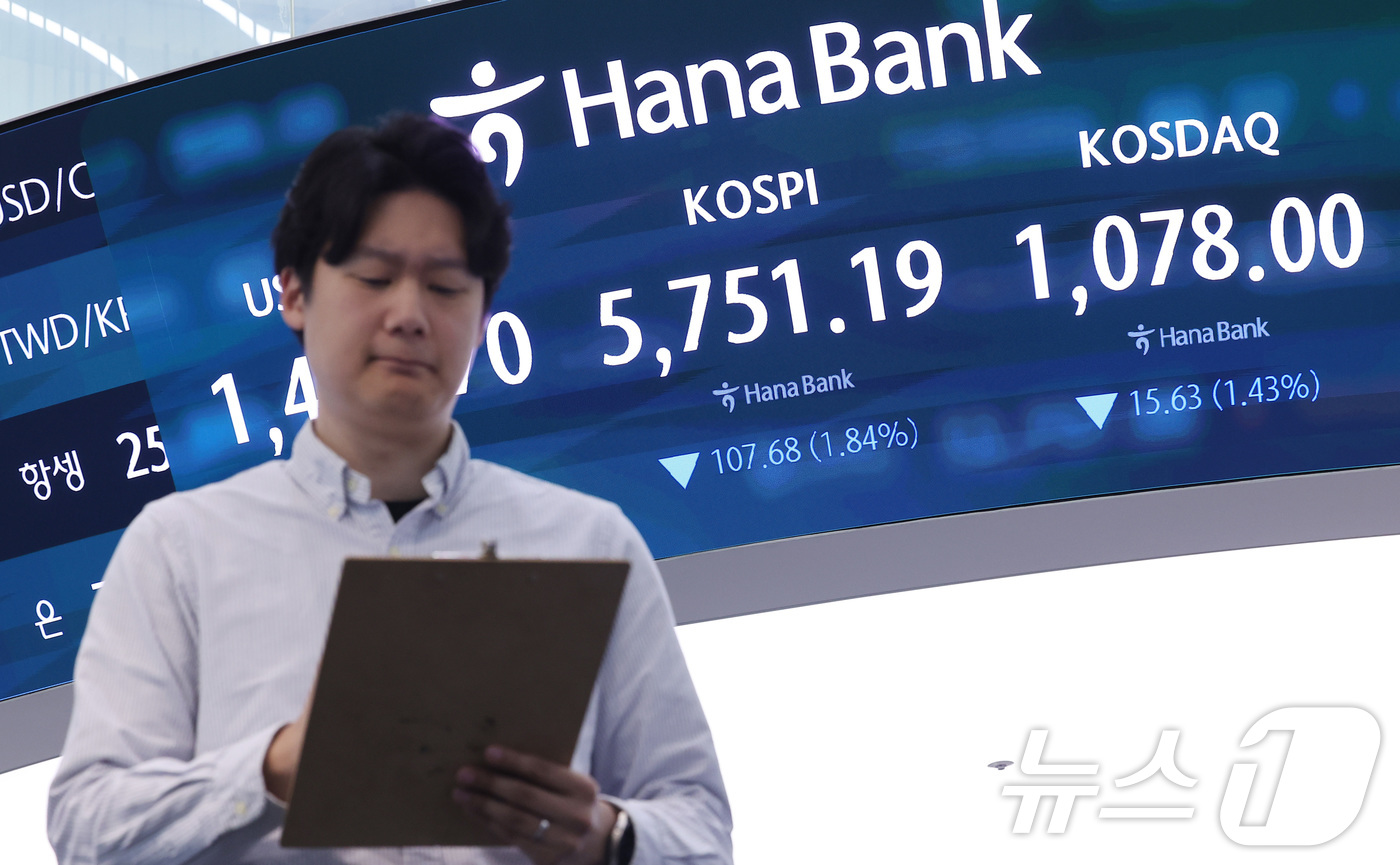 (서울=뉴스1) 김성진 기자 = 13일 오전 서울 중구 하나은행 본점 딜링룸에 개장 시황이 나오고 있다.이날 오전 9시 5분 코스피는 전일 종가와 비교해 101.79포인트(p)(1 …