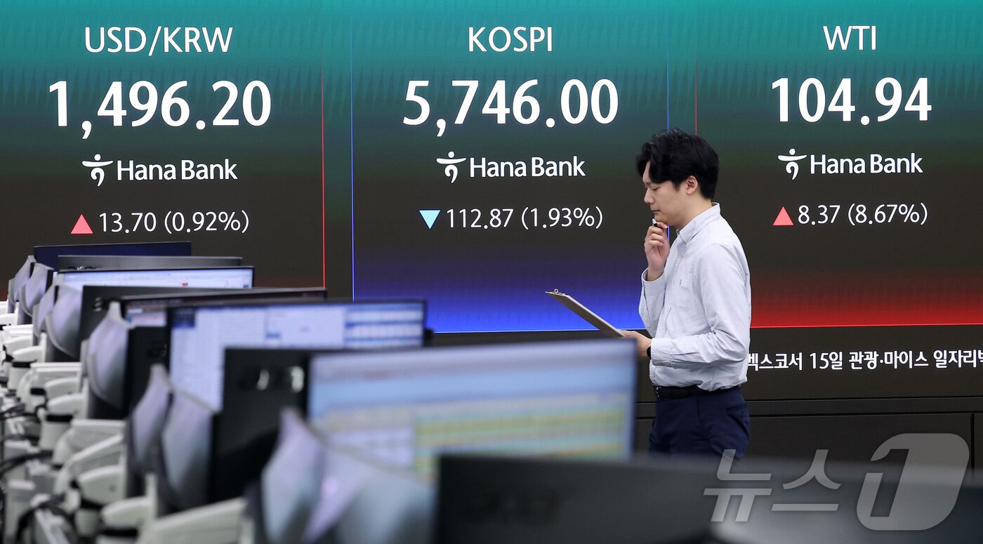 본문 이미지 - 13일 오전 서울 중구 하나은행 본점 딜링룸에 개장 시황이 나오고 있다.   2026.4.13 ⓒ 뉴스1 김성진 기자