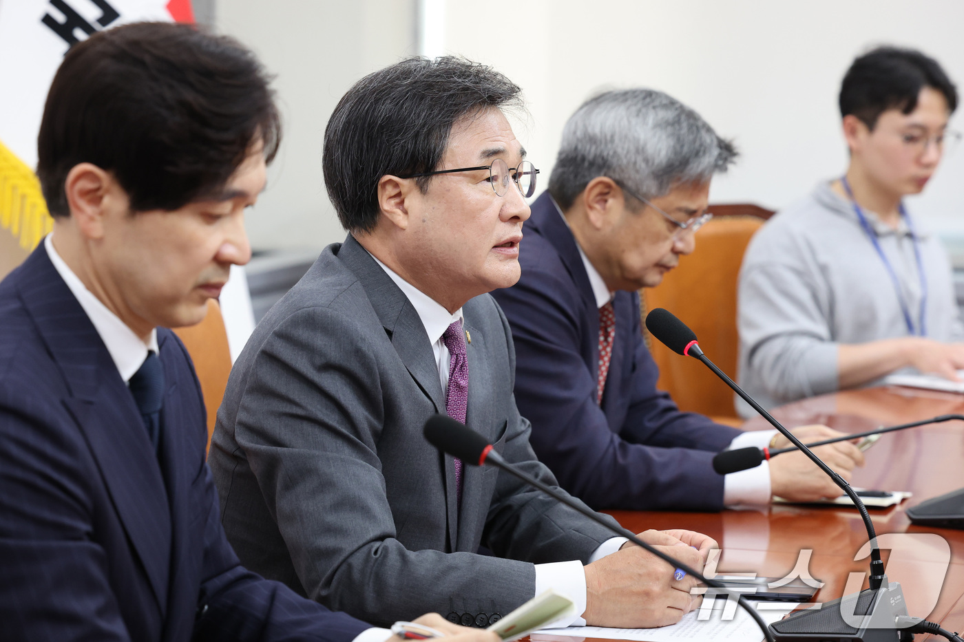 (서울=뉴스1) 신웅수 기자 = 장동혁 당대표 특보단장을 맡고 있는 김대식 국민의힘 의원이 13일 서울 여의도 국회에서 장 대표 방미 일정을 브리핑하고 있다. 2026.4.13/뉴 …