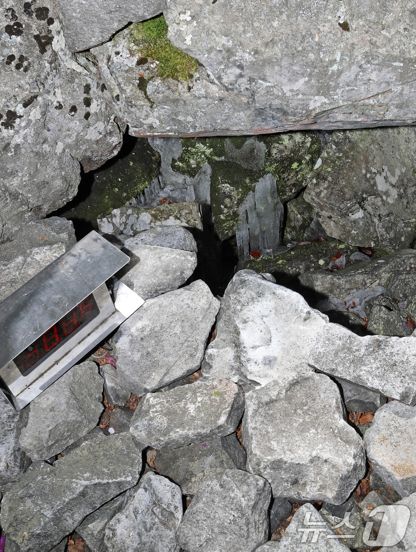 (밀양=뉴스1) 윤일지 기자 = 초여름 날씨를 보인 13일 경남 밀양 산내면 얼음골 결빙지에 얼어붙은 얼음 옆으로 설치된 온도계가 -1도를 나타내고 있다.'밀양의 신비'로 불리는 …