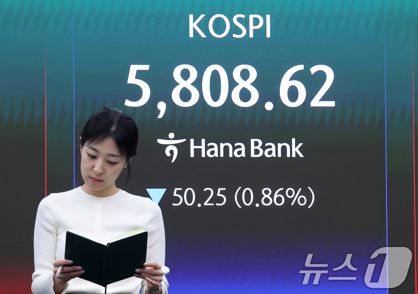(서울=뉴스1) 김성진 기자 = 13일 서울 중구 하나은행 본점 딜링룸에 종가가 나오고 있다.이날 코스피는 전일 종가 대비 50.25포인트(0.86%) 하락한 5808.62로, 코 …