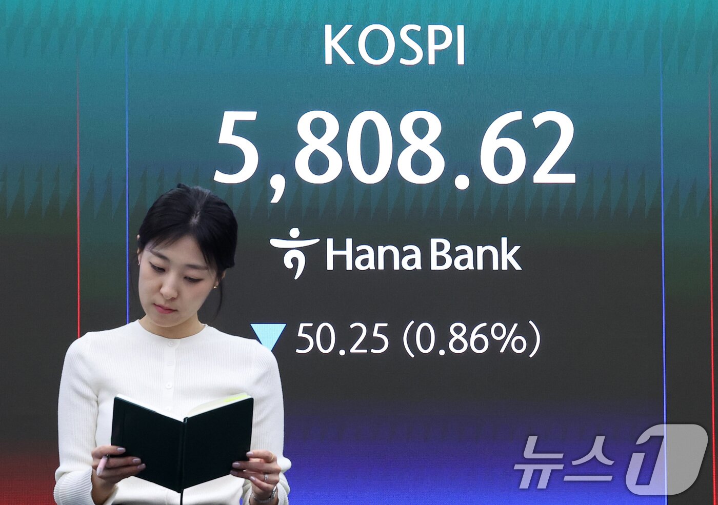 본문 이미지 - 13일 서울 중구 하나은행 본점 딜링룸에 종가가 나오고 있다. 이날 코스피는 전일 종가 대비 50.25포인트(0.86%) 하락한 5808.62로, 코스닥은 전일 대비 6.21포인트(0.57%) 상승한 1099.84로 마감했다. 서울외환시장에서 달러·원 환율은 전일 오후 3시 30분 주간종가 대비 6.8원 오른 1489.2원을 기록했다. 2026.4.13 ⓒ 뉴스1 김성진 기자