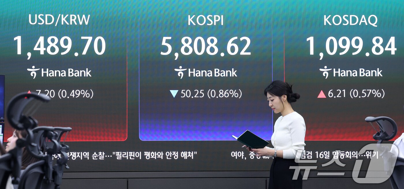 본문 이미지 - 13일 서울 중구 하나은행 본점 딜링룸에 종가가 나오고 있다.  2026.4.13 ⓒ 뉴스1 김성진 기자