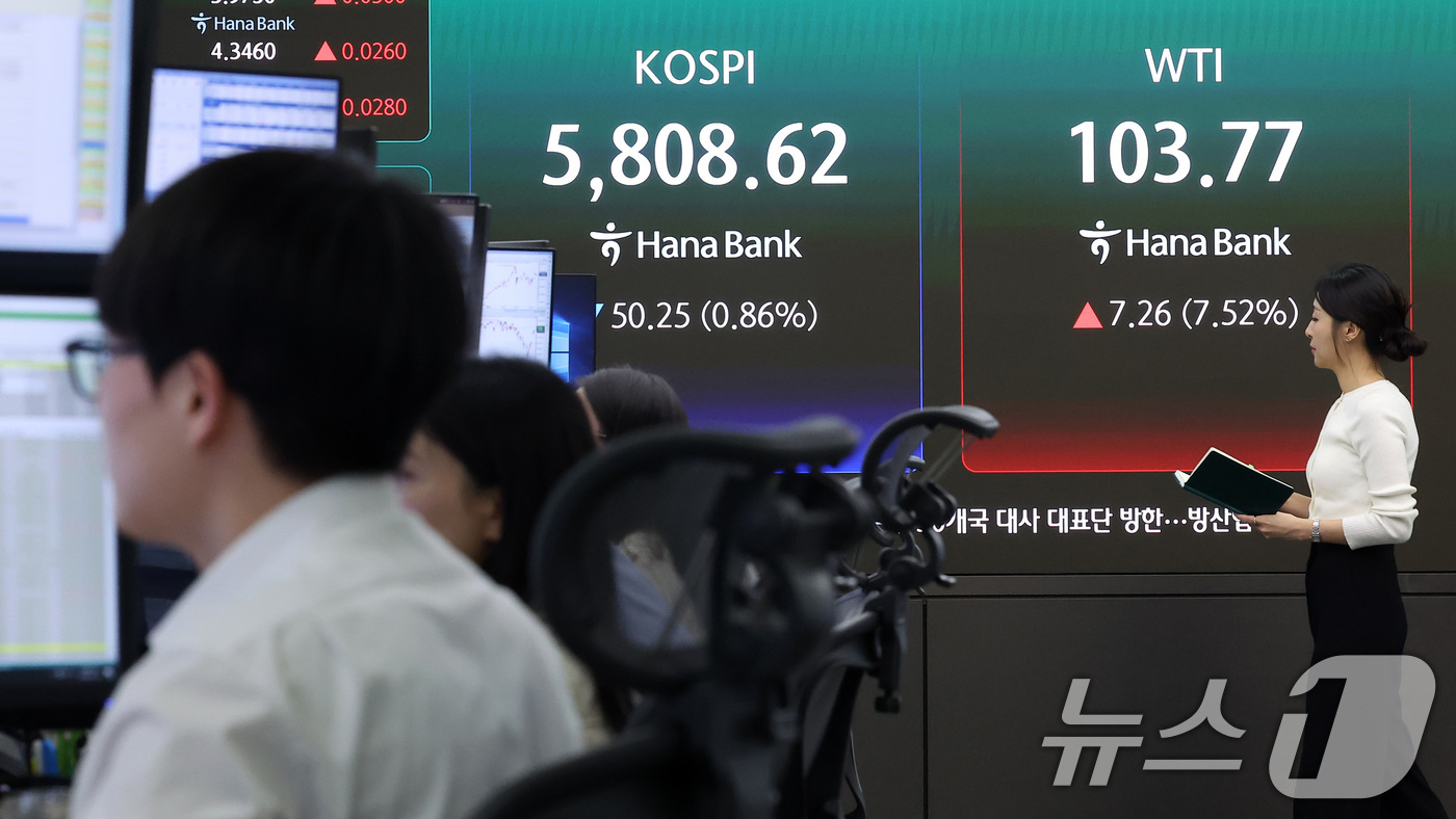 (서울=뉴스1) 김성진 기자 = 13일 서울 중구 하나은행 본점 딜링룸에 코스피와 서부텍사스산 원유 가격이 나오고 있다.이날 코스피는 전일 종가 대비 50.25포인트(0.86%) …