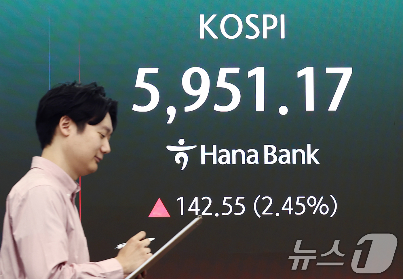 (서울=뉴스1) 김민지 기자 = 14일 오전 서울 중구 하나은행 본점 딜링룸 전광판에 코스피 지수 등이 나오고 있다.코스피는 전 거래일(5808.62)보다 151.38포인트(2.6 …