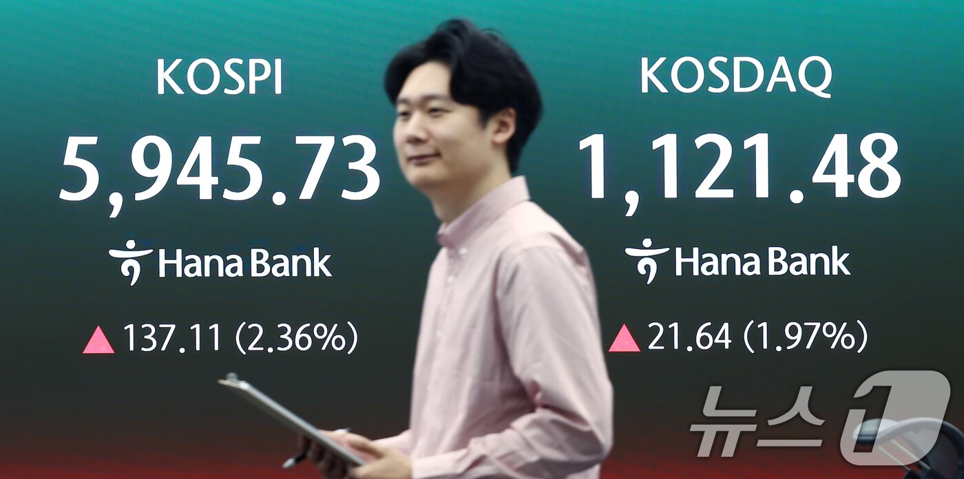 본문 이미지 - 14일 오전 서울 중구 하나은행 본점 딜링룸 전광판에 코스피 지수 등이 나오고 있다.  2026.4.14 ⓒ 뉴스1 김민지 기자