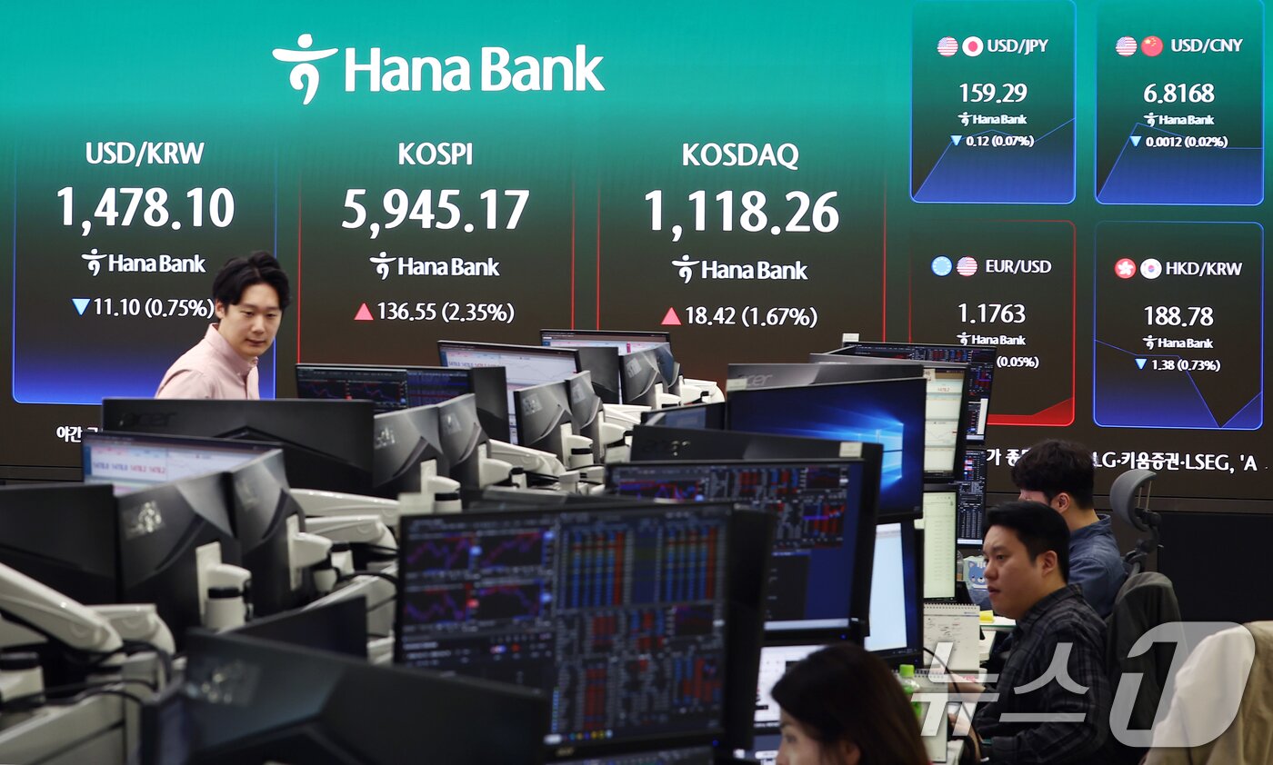 본문 이미지 - 14일 오전 서울 중구 하나은행 본점 딜링룸 전광판에 코스피 지수 등이 나오고 있다.  026.4.14 ⓒ 뉴스1 김민지 기자