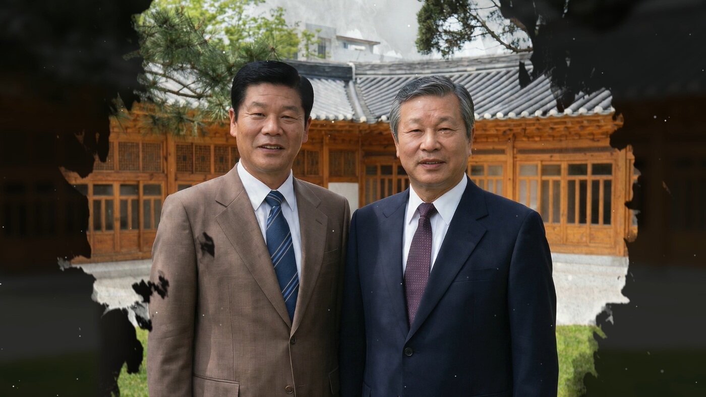 본문 이미지 - SK그룹 창립 73주년을 맞아 제작된 영상. 최종건 창업회장(왼쪽)과 최종현 선대회장이 인공지능(AI)으로 재현됐다.(SK그룹제공)