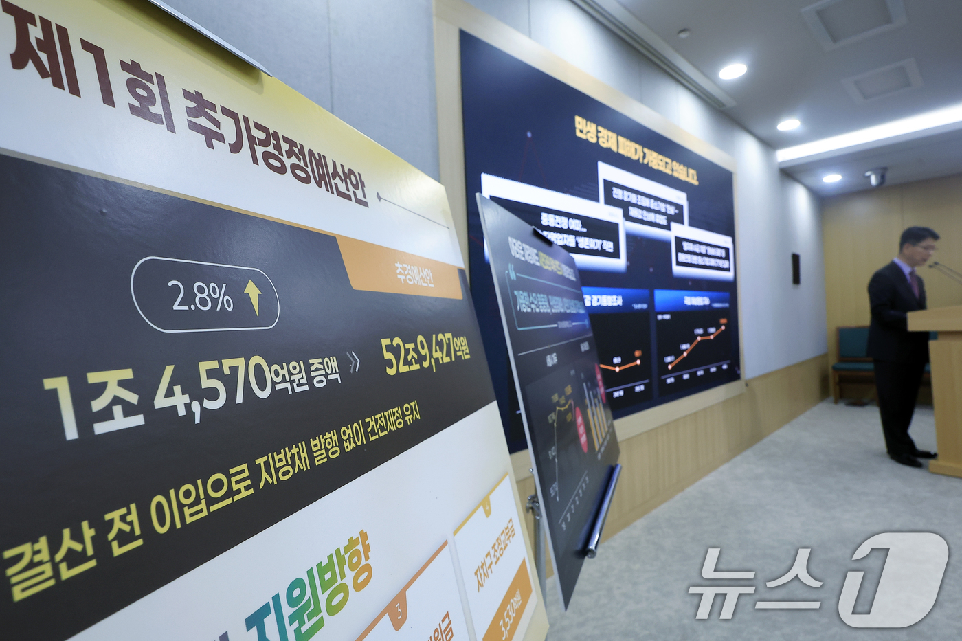 (서울=뉴스1) 박정호 기자 = 이동률 서울시 기획조정실장 직무대리가 14일 오전 서울시 중구 서울시청 브리핑룸에서 제1회 추가경정예산안 기자설명회를 하고 있다.서울시는 중동발 위 …