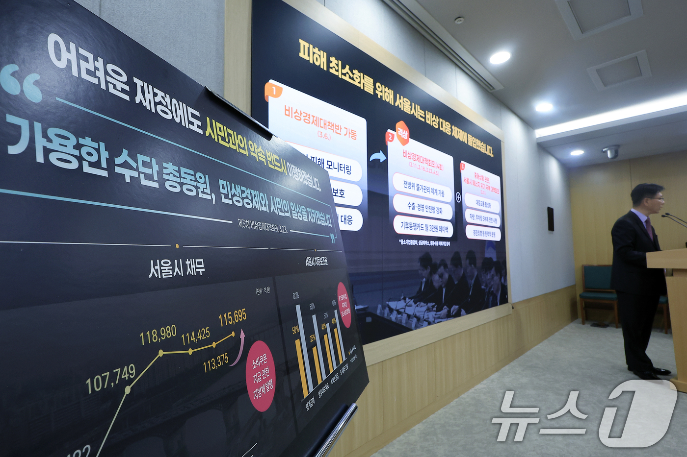 (서울=뉴스1) 박정호 기자 = 이동률 서울시 기획조정실장 직무대리가 14일 오전 서울시 중구 서울시청 브리핑룸에서 제1회 추가경정예산안 기자설명회를 하고 있다.서울시는 중동발 위 …