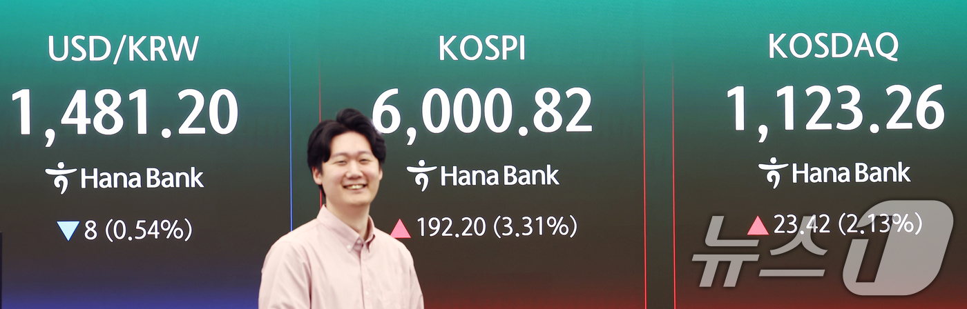 (서울=뉴스1) 김민지 기자 = 코스피가 30거래일만에 장중 6000선을 재돌파한 14일 오전 서울 중구 하나은행 본점 딜링룸 전광판에 코스피 지수 등이 나오고 있다. 2026.4 …