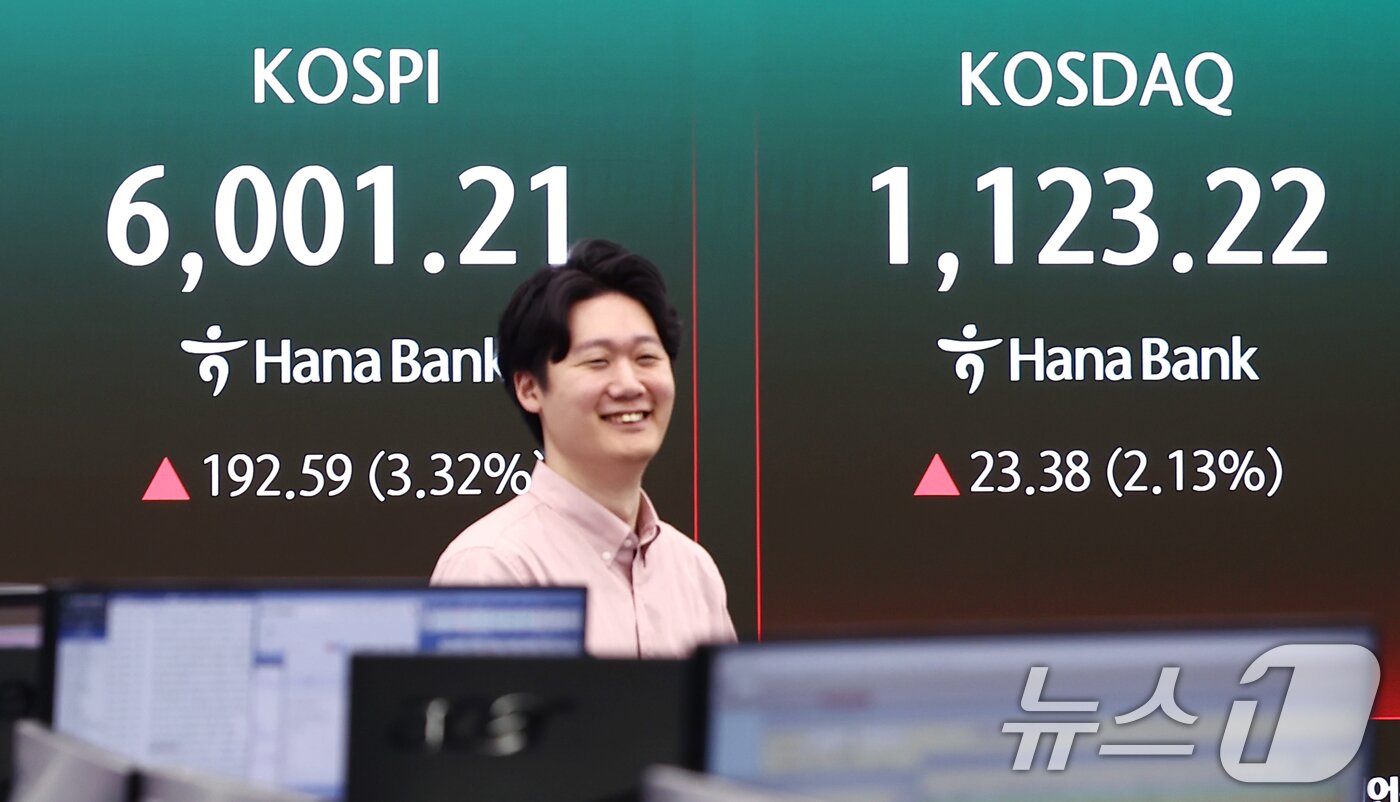 본문 이미지 - 코스피가 30거래일만에 장중 6000선을 재돌파한 14일 오전 서울 중구 하나은행 본점 딜링룸 전광판에 코스피 지수 등이 나오고 있다. 2026.4.14 ⓒ 뉴스1 김민지 기자