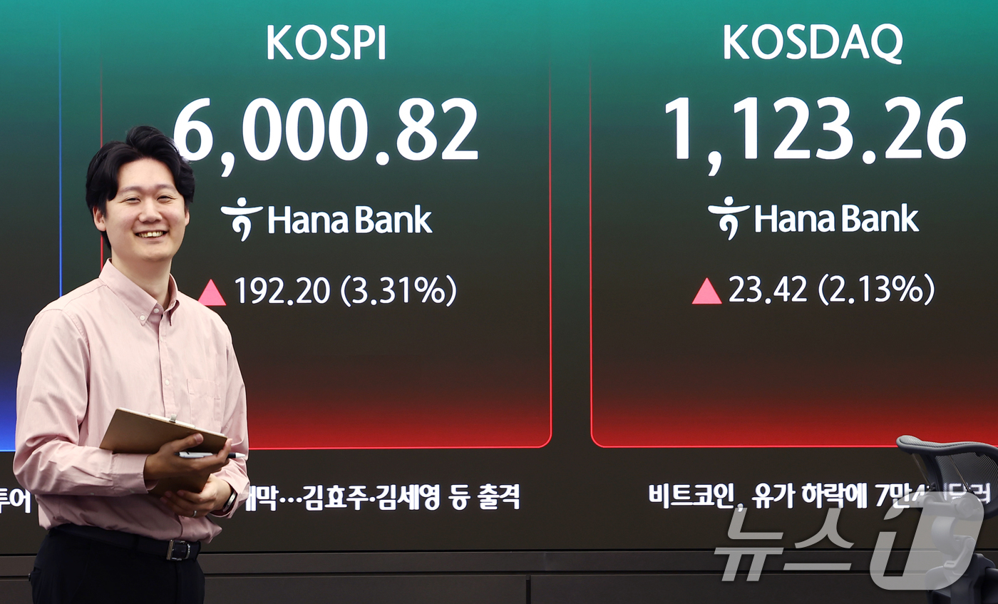 (서울=뉴스1) 김민지 기자 = 코스피가 30거래일만에 장중 6000선을 재돌파한 14일 오전 서울 중구 하나은행 본점 딜링룸 전광판에 코스피 지수 등이 나오고 있다. 2026.4 …