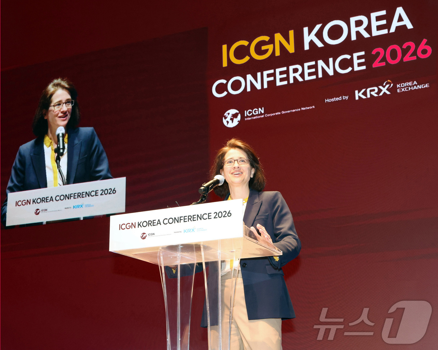 (서울=뉴스1) = 젠 시슨 ICGN 대표이사가 14일 오전 서울사옥 컨퍼런스홀에서 열린 ICGN 코리아 컨퍼런스 2026에서 개회사를 하고 있다. (한국거래소 제공. 재판매 및 …