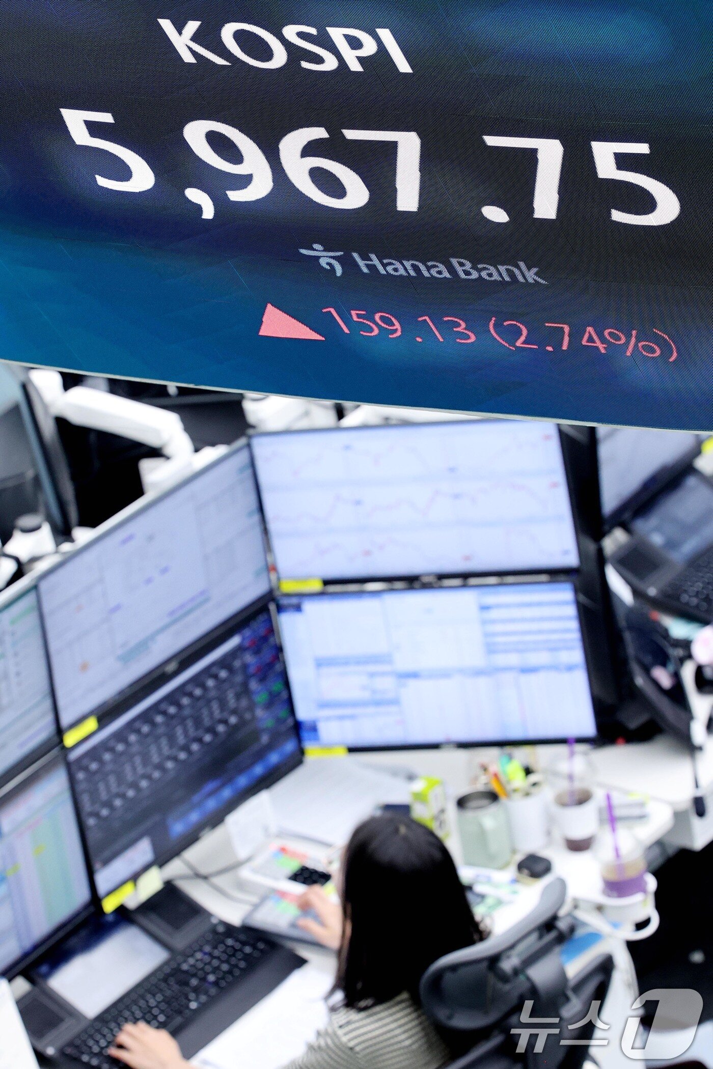 본문 이미지 - 14일 서울 중구 하나은행 딜링룸 전광판에 종가가 나오고 있다. 이날 코스피 지수는 전 거래일 대비 159.13포인트(2.74%) 오른 5,967.75에 마감했다. 2026.4.14 ⓒ 뉴스1 조연우 인턴기자