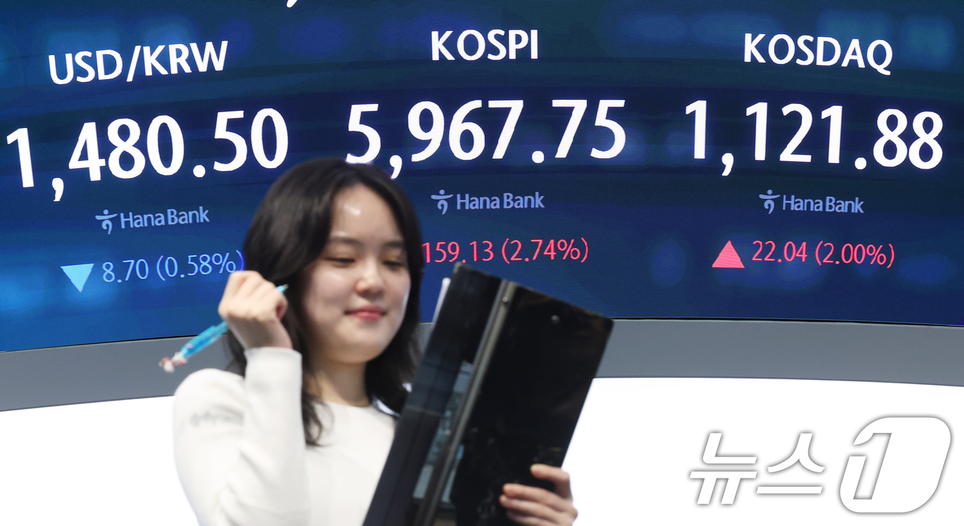 (서울=뉴스1) 오대일 기자 = 미·이란 종전 협상 기대감으로 코스피가 상승 마감한 14일 오후 서울 중구 하나은행 딜링룸 전광판에 코스피 종가가 표시되고 있다.이날 코스피는 전 …