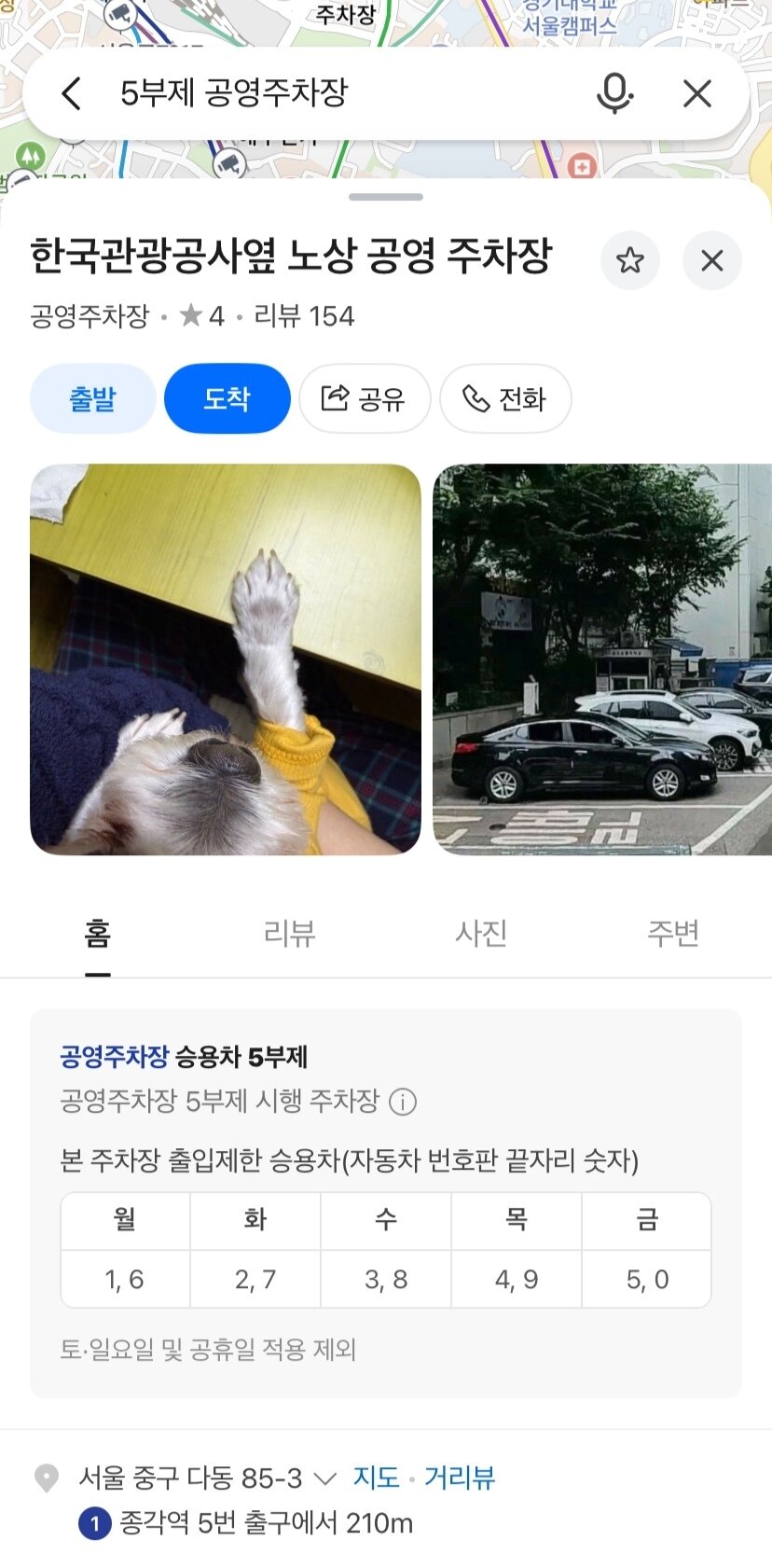 본문 이미지 - 네이버 지도가 차량5부제를 시행하는 공영주차장 정보를 제공한다. (네이버 지도 갈무리)