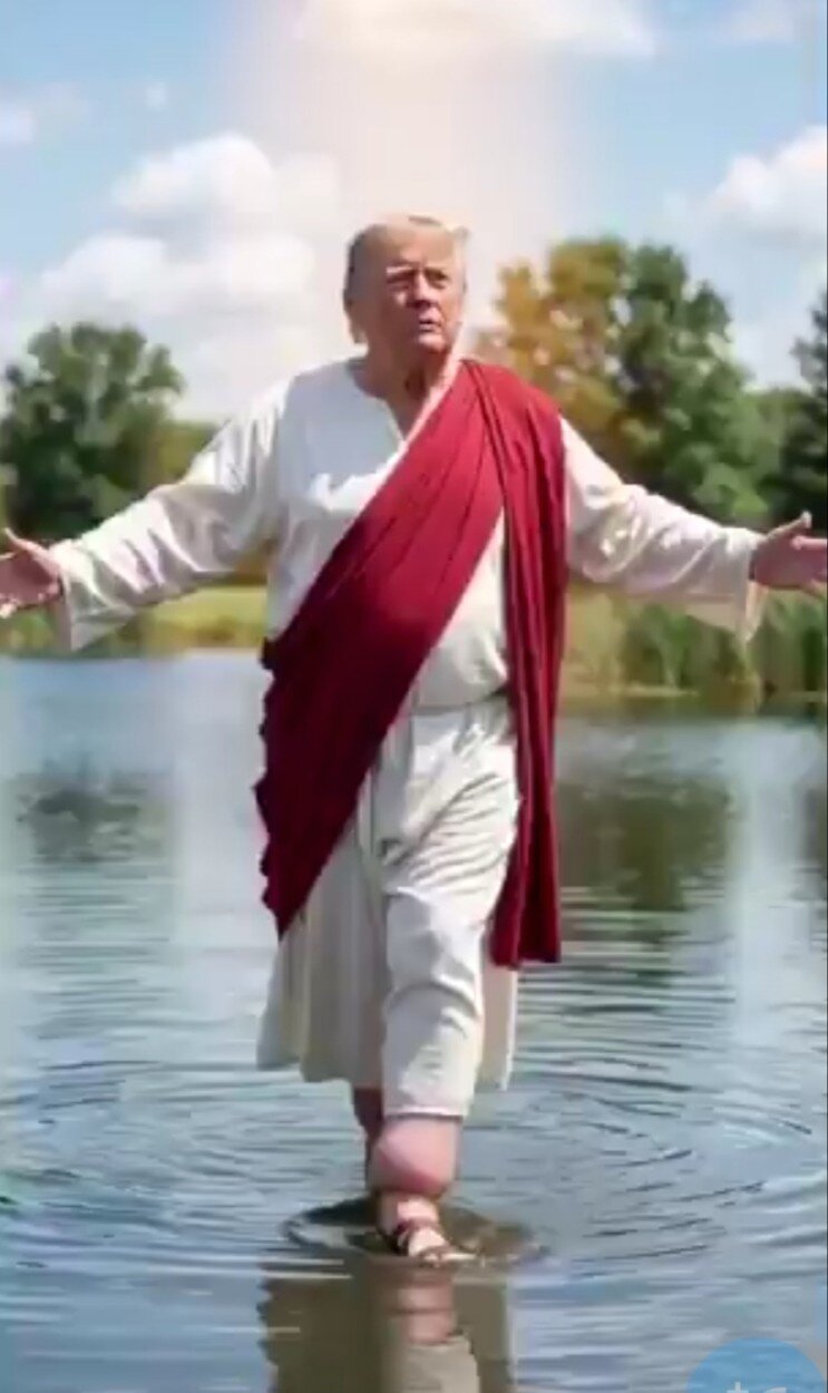 본문 이미지 - 엑스에 올라온 트럼프 예수행세 풍자물. 2026.04.14