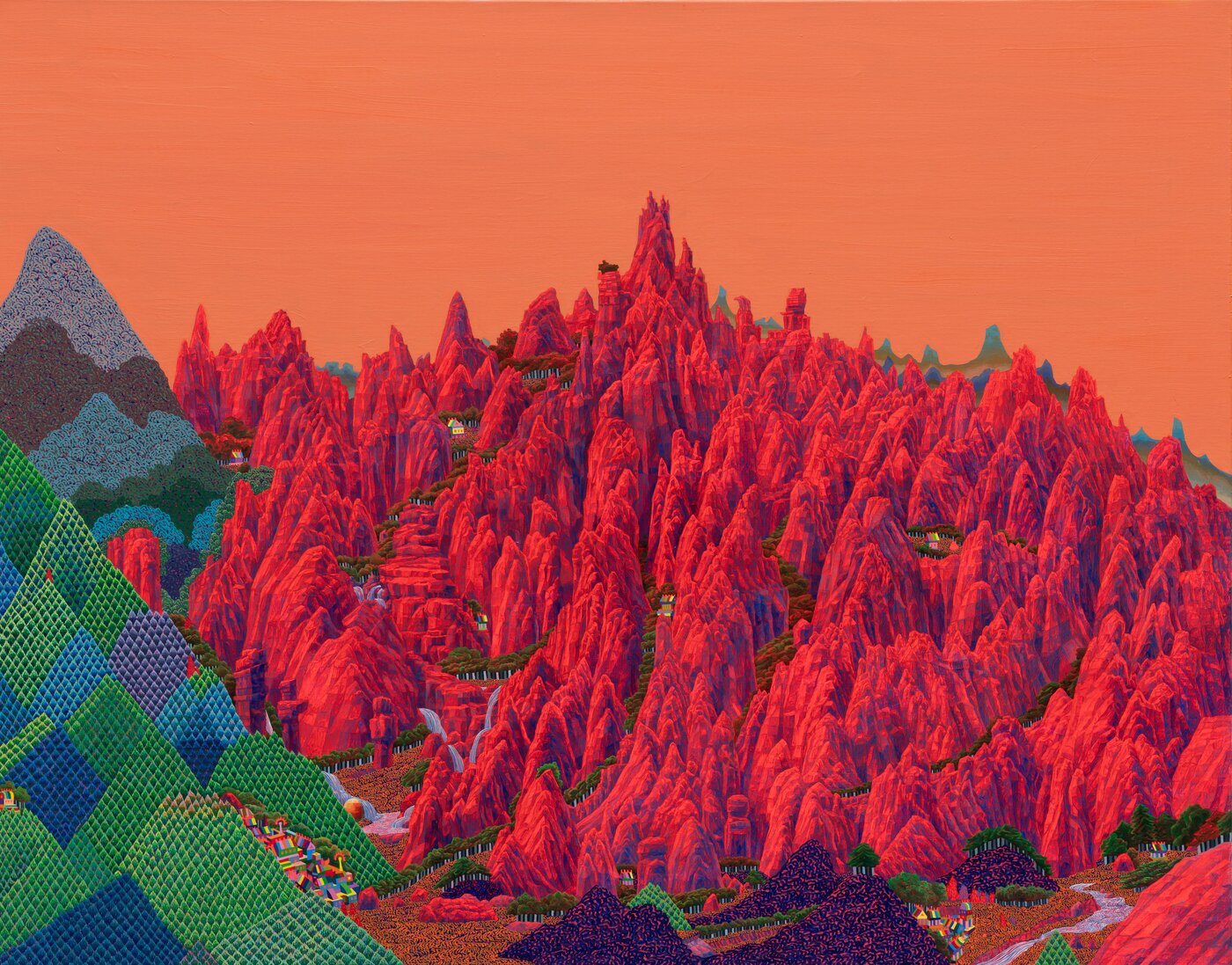 본문 이미지 - 안두진, (콸콸콸!)-(겸재한 뾰족)-( ), 91.7x117cm, Acrylic, Oil on canvas, 2026 (이화익갤러리 제공)