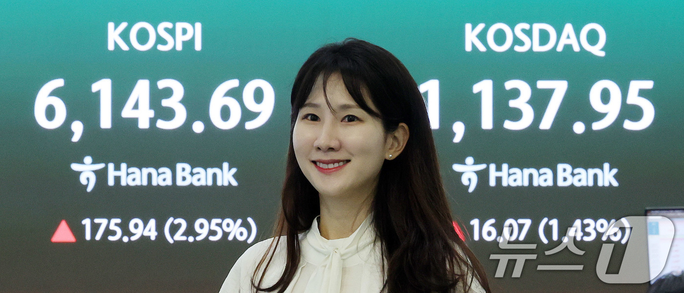 (서울=뉴스1) 박지혜 기자 = 코스피가 6100선을 탈환한 15일 서울 중구 하나은행 딜링룸 현황판에 개장 시황이 나타나고 있다.이날 코스피는 전장 대비 173.85포인트(2.9 …