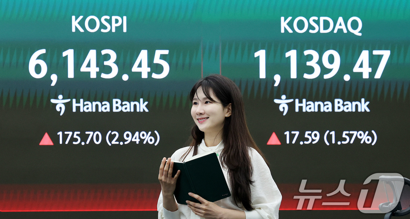 (서울=뉴스1) 박지혜 기자 = 코스피가 6100선을 탈환한 15일 서울 중구 하나은행 딜링룸 현황판에 개장 시황이 나타나고 있다.이날 코스피는 전장 대비 173.85포인트(2.9 …