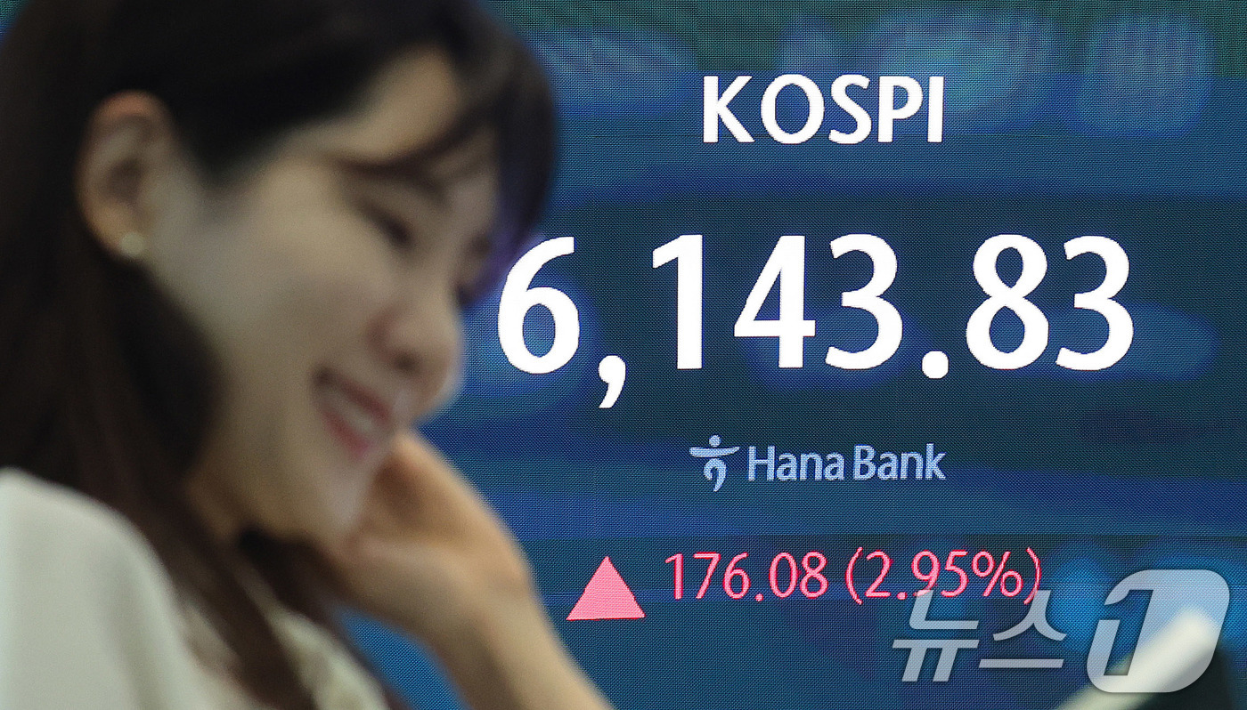 (서울=뉴스1) 박지혜 기자 = 코스피가 6100선을 탈환한 15일 서울 중구 하나은행 딜링룸 현황판에 개장 시황이 나타나고 있다.이날 코스피는 전장 대비 173.85포인트(2.9 …