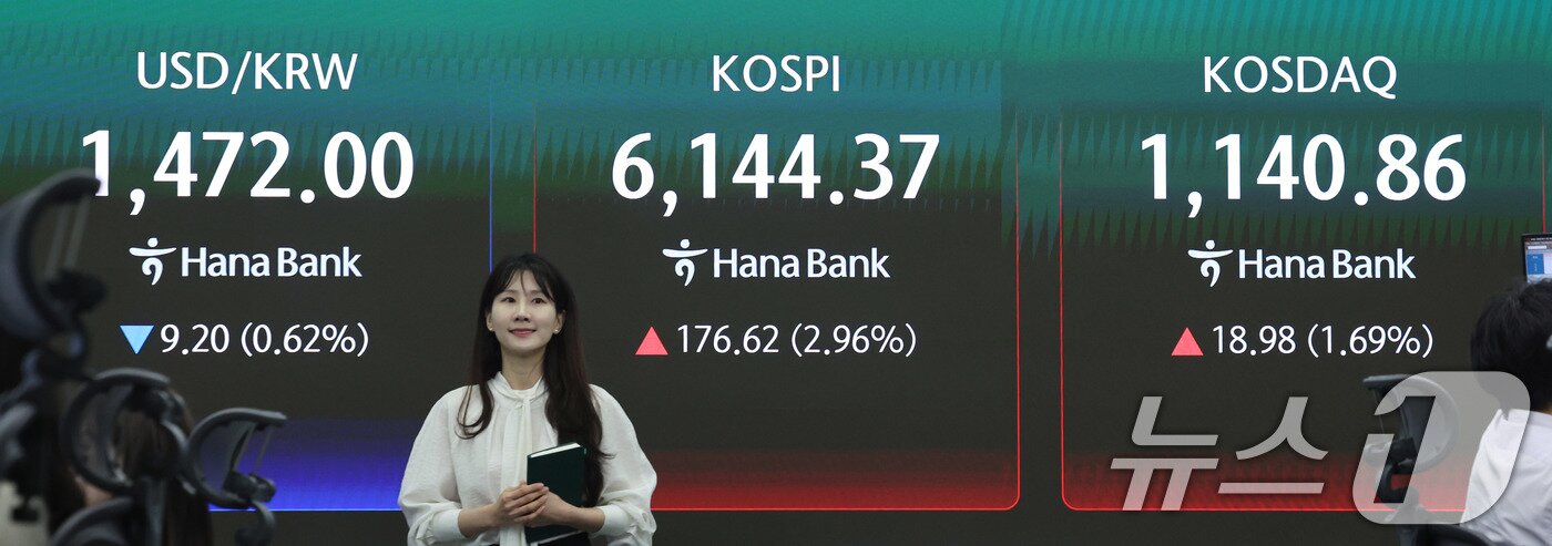본문 이미지 - 코스피가 6100선을 탈환한 15일 서울 중구 하나은행 딜링룸 현황판에 개장 시황이 나타나고 있다.  2026.4.15 ⓒ 뉴스1 박지혜 기자