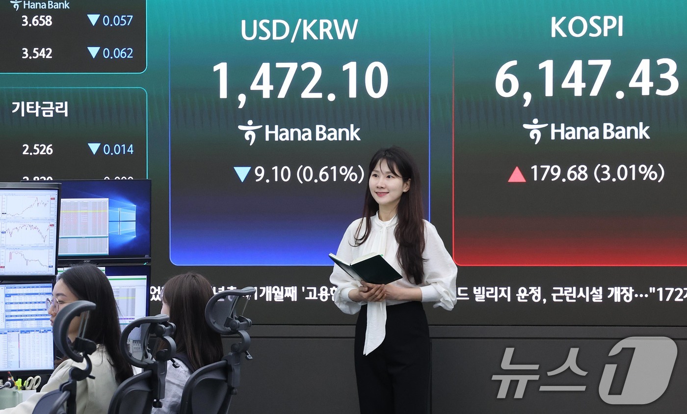 (서울=뉴스1) 조연우 인턴기자 = 15일 서울 중구 하나은행 딜링룸 전광판에 시황이 나오고 있다.이날 코스피 지수는 전 거래일 대비 178포인트(2.98%) 오른 6,145.75 …