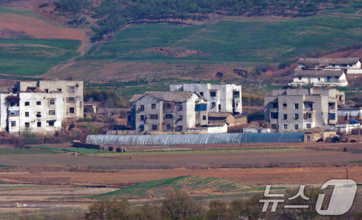 (파주=뉴스1) 구윤성 기자 = 김일성 주석의 생일인 15일 오전 경기도 파주시 오두산통일전망대에서 바라본 북한 황해북도 개풍군의 접경지역 마을에 비닐하우스가 설치돼 있다. 202 …