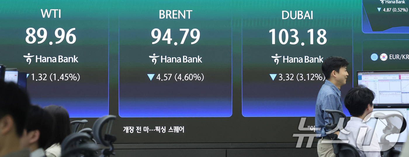 (서울=뉴스1) 박지혜 기자 = 15일 서울 중구 하나은행 딜링룸 현황판에 국제유가가 표시되고 있다. 2026.4.15/뉴스1