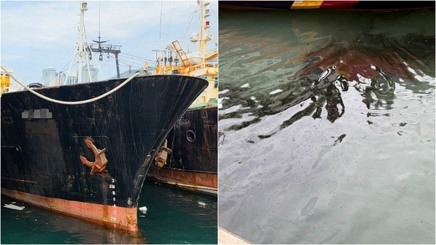 부산 자갈치시장 앞바다 기름띠…200톤 어선이 선저폐수 흘렸다