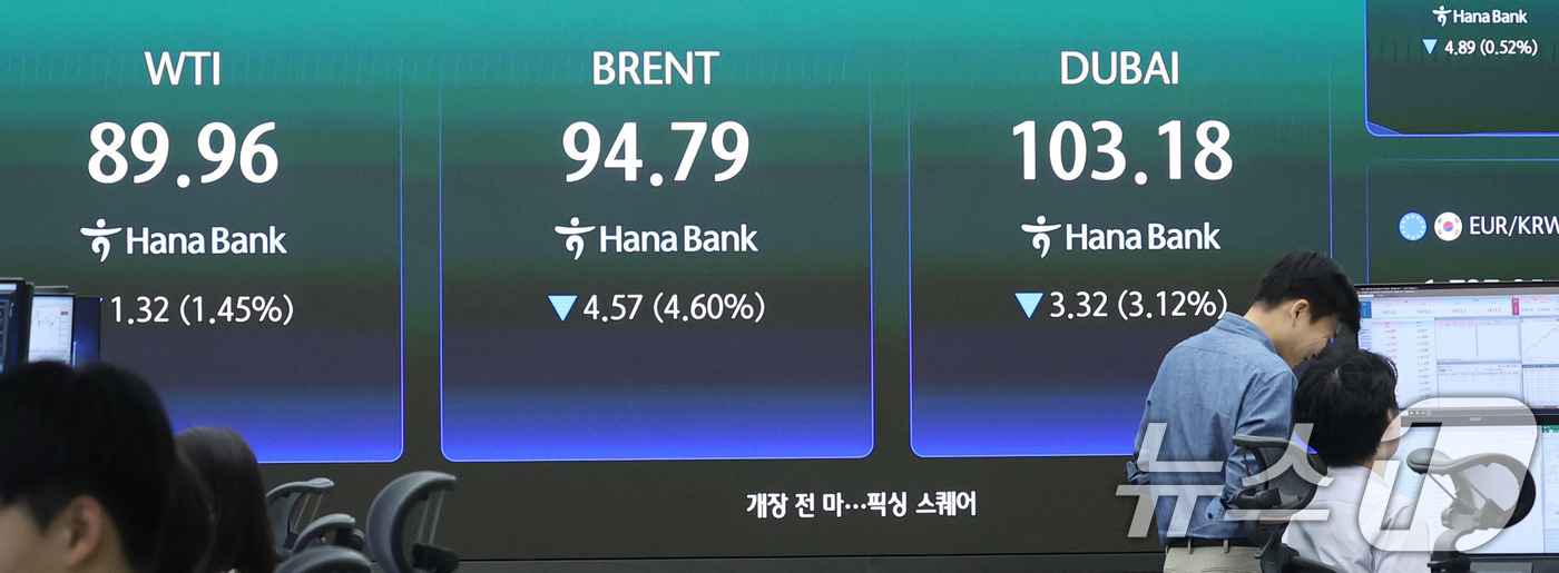 (서울=뉴스1) 박지혜 기자 = 15일 서울 중구 하나은행 딜링룸 현황판에 국제유가가 표시되고 있다. 2026.4.15/뉴스1