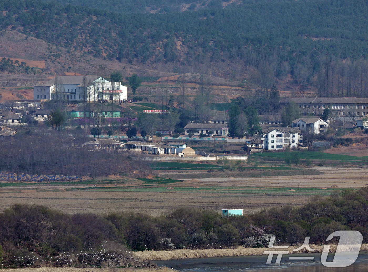 (파주=뉴스1) 구윤성 기자 = 김일성 주석의 생일인 15일 오전 경기도 파주시 오두산통일전망대에서 바라본 북한 황해북도 개풍군 접경지역 마을의 인민문화회관에 북한 주민들이 모여 …