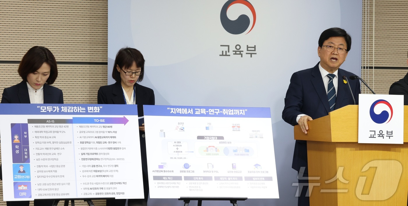 (세종=뉴스1) 김기남 기자 = 최교진 교육부 장관이 15일 세종시 정부세종청사에서 성장엔진 연계 지역인재 양성방안(서울대 10개 만들기)을 발표하고 있다. 2026.4.15/뉴스 …