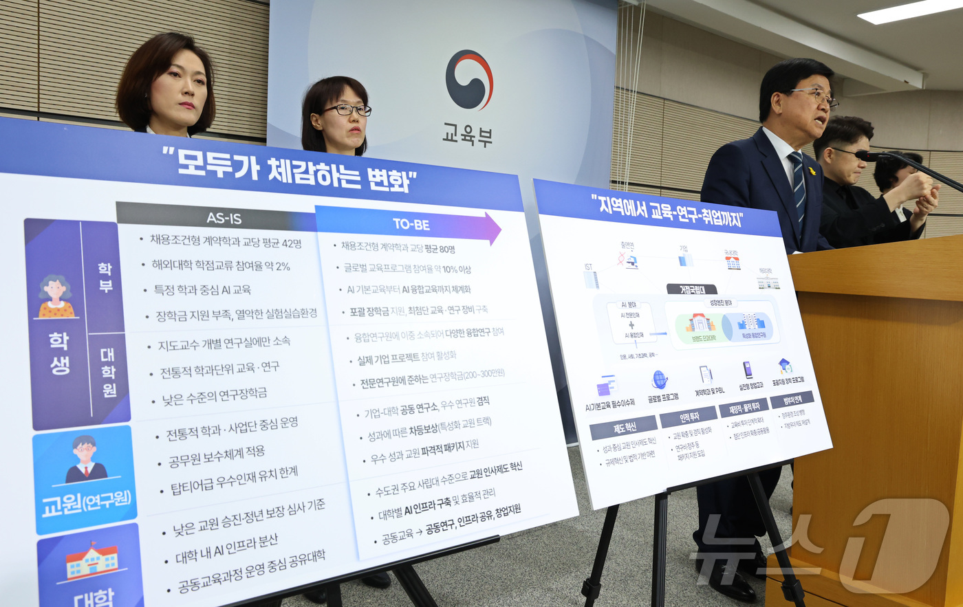 (세종=뉴스1) 김기남 기자 = 최교진 교육부 장관이 15일 세종시 정부세종청사에서 성장엔진 연계 지역인재 양성방안(서울대 10개 만들기)을 발표하고 있다. 2026.4.15/뉴스 …