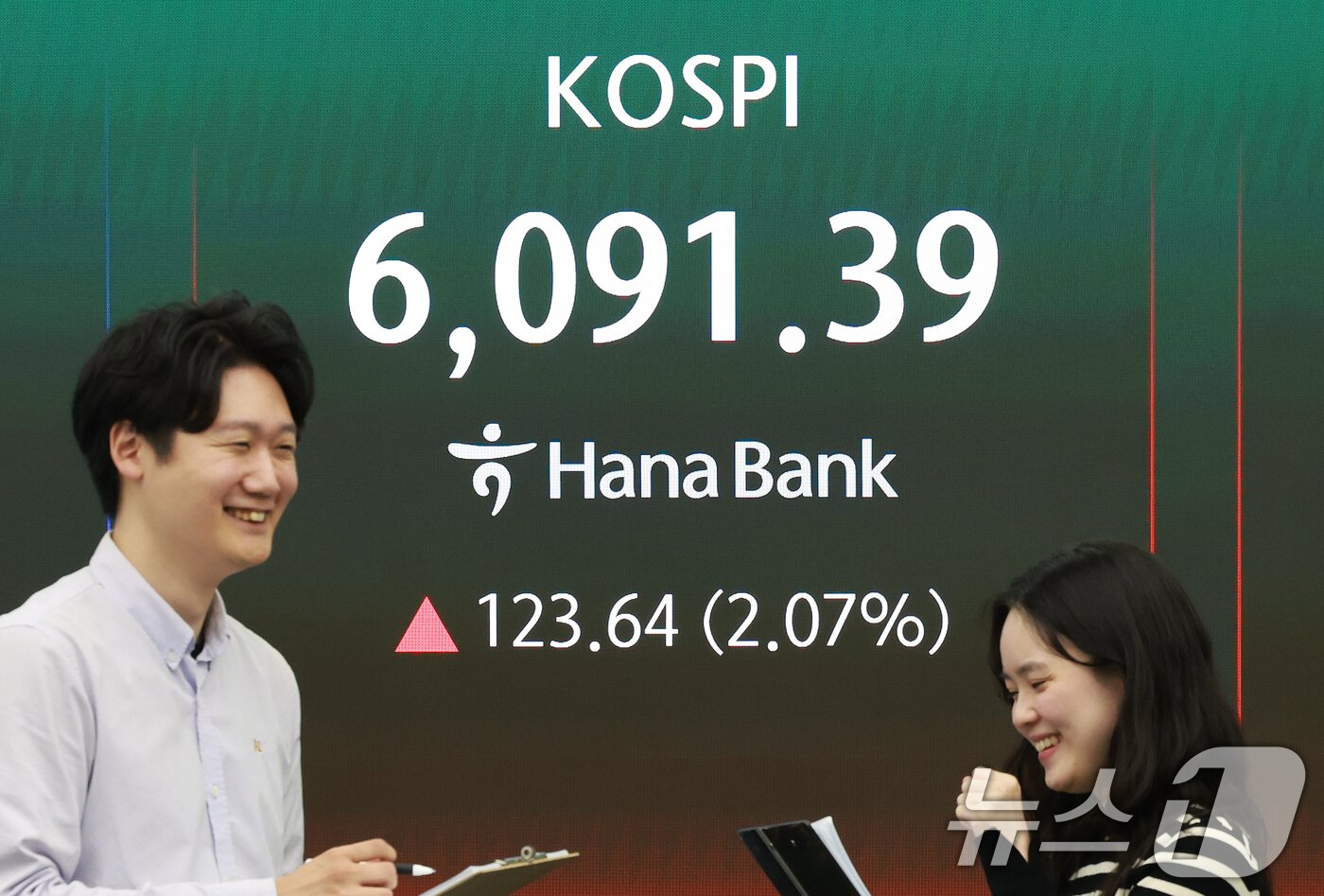 본문 이미지 - 15일 서울 중구 하나은행 딜링룸 전광판에 종가가 표시되고 있다.  2026.4.15 ⓒ 뉴스1 이호윤 기자