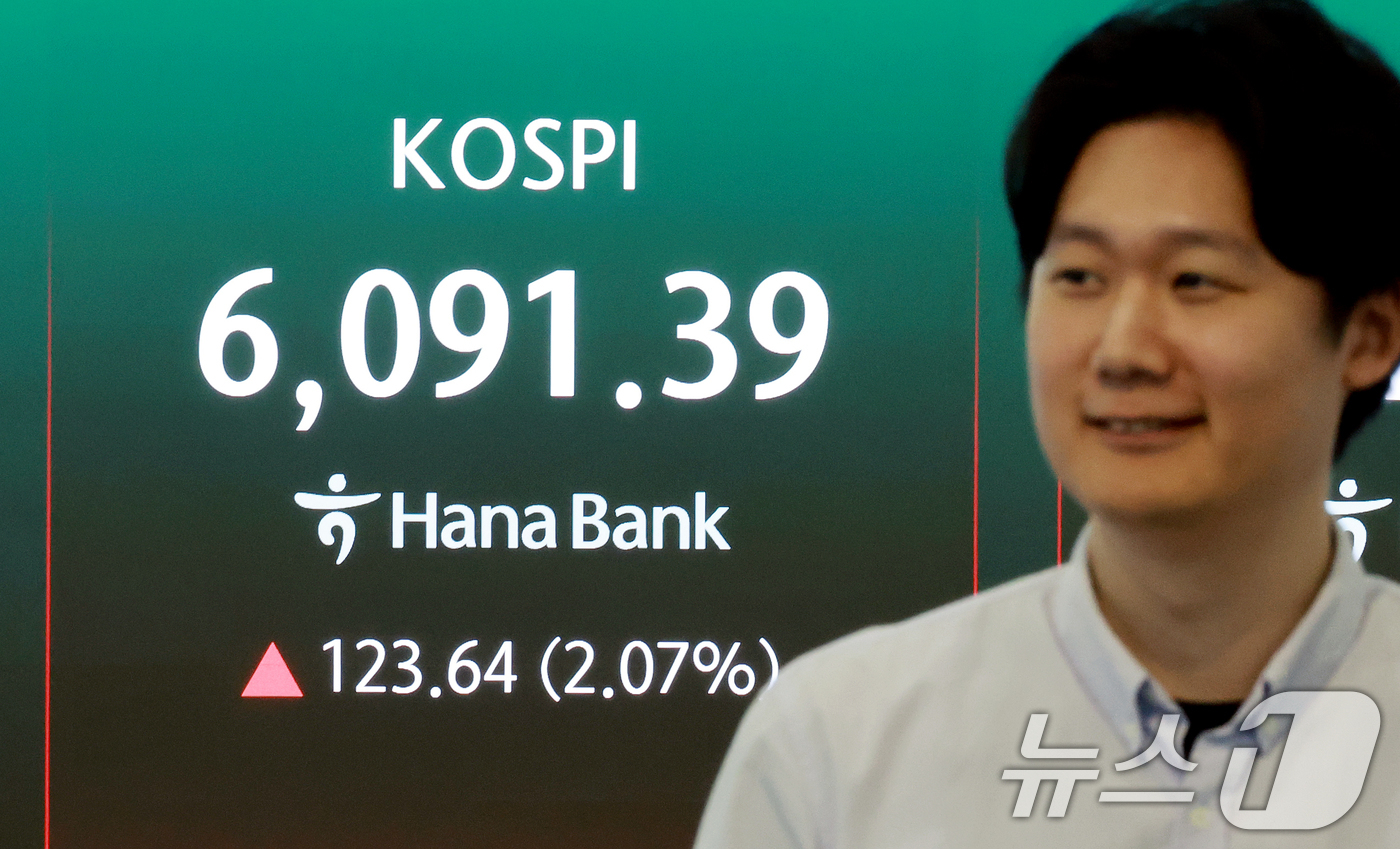 (서울=뉴스1) 이호윤 기자 = 15일 서울 중구 하나은행 딜링룸 전광판에 종가가 표시되고 있다. 이날 코스피는 전 거래일 대비 123.64포인트(2.07%) 상승한 6091.39 …