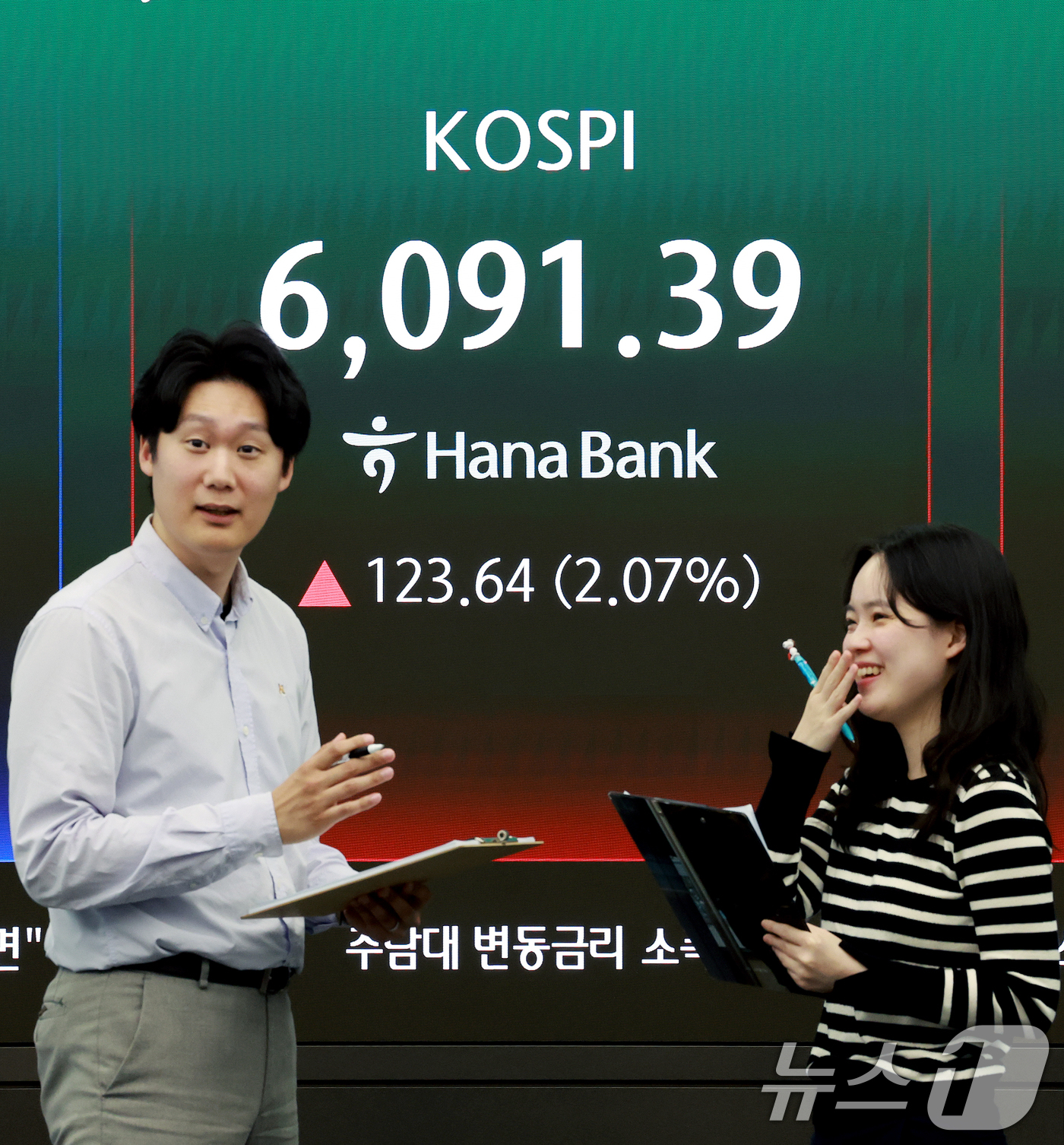 (서울=뉴스1) 이호윤 기자 = 15일 서울 중구 하나은행 딜링룸 전광판에 종가가 표시되고 있다. 이날 코스피는 전 거래일 대비 123.64포인트(2.07%) 상승한 6091.39 …