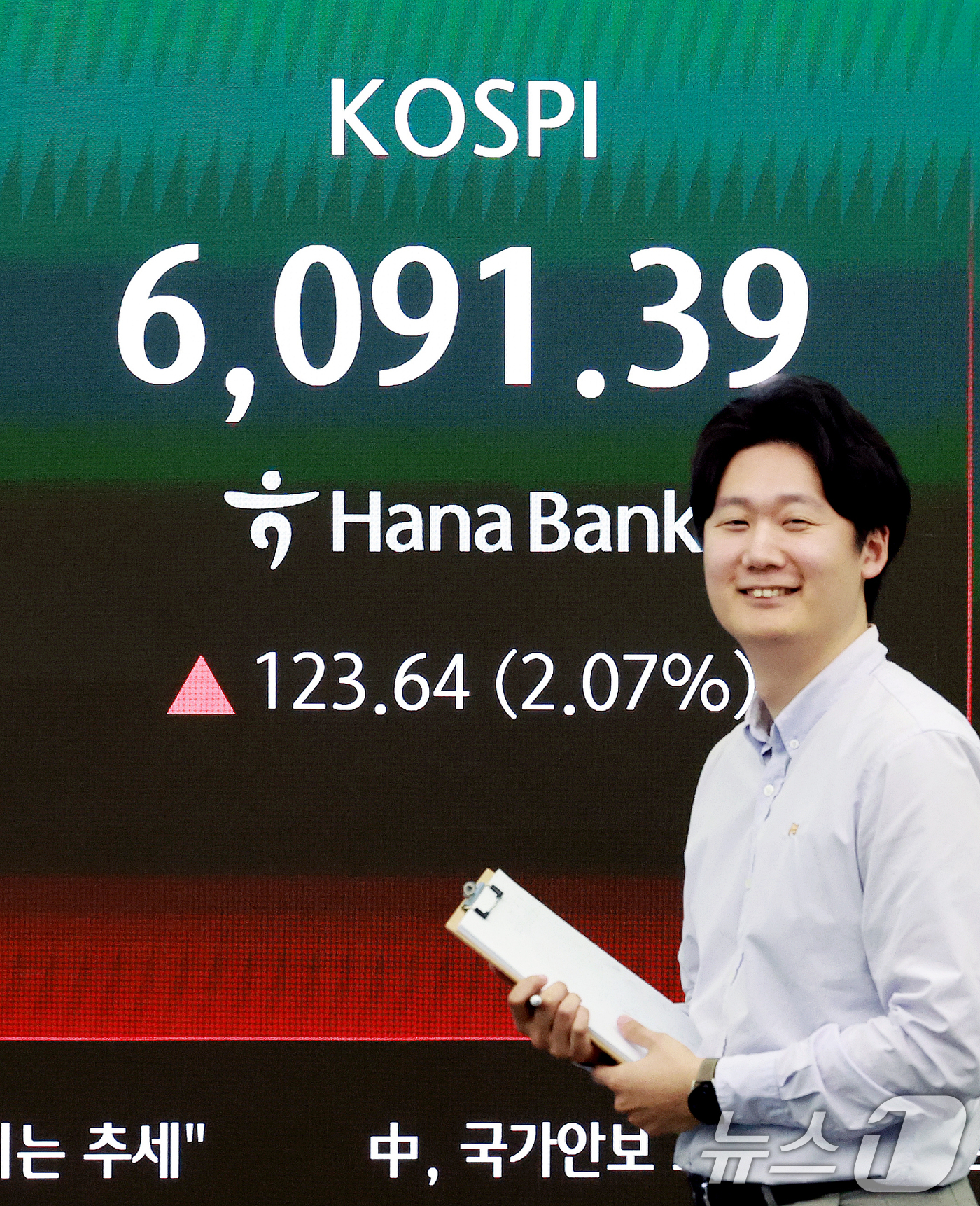 (서울=뉴스1) 이호윤 기자 = 15일 서울 중구 하나은행 딜링룸 전광판에 종가가 표시되고 있다. 이날 코스피는 전 거래일 대비 123.64포인트(2.07%) 상승한 6091.39 …
