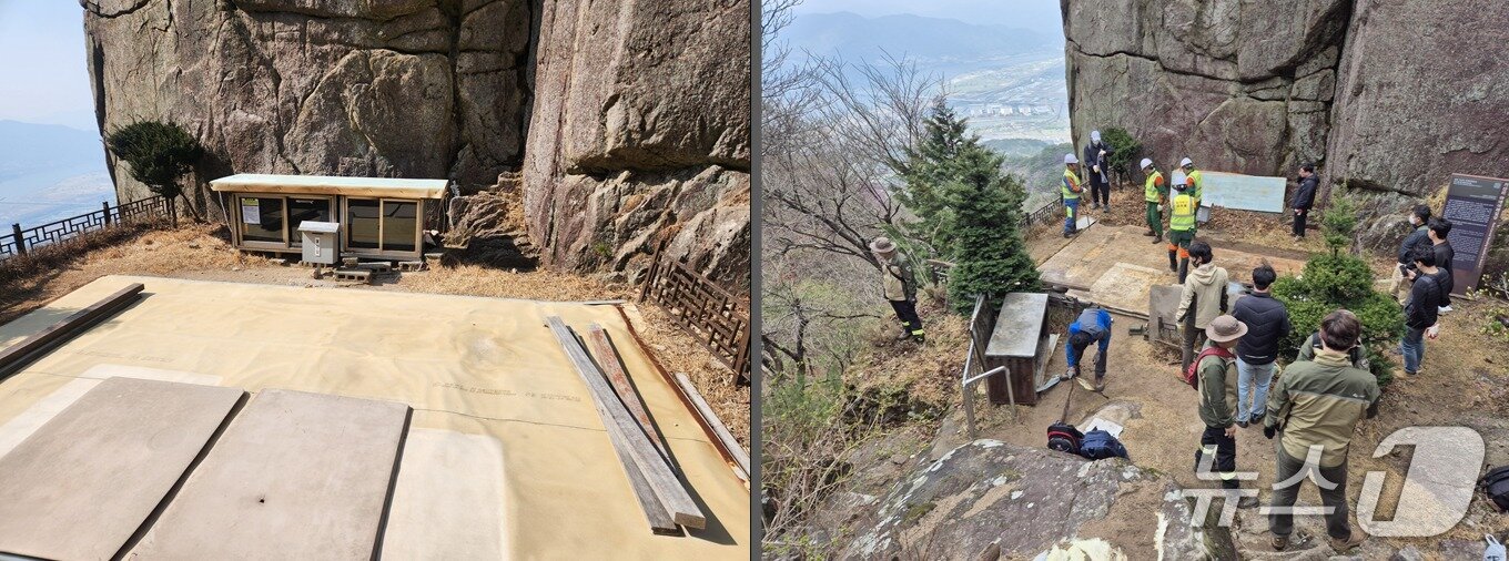 본문 이미지 - 양산 가산리 마애여래입상 일원 기도터 철거 전 모습(왼쪽 사진)과 철거가 진행 중인 모습.(금정산국립공원사무소 제공. 재판매 및 DB금지)