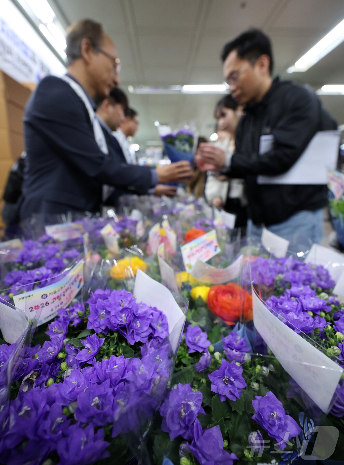 본문 이미지 - 16일 오전 서울 종로구 광화문역 대합실에서 서울교통공사 관계자들이 시민들에게 꽃 화분 무료 나눔 행사를 하고 있다. 2026.4.16 ⓒ 뉴스1 김성진 기자
