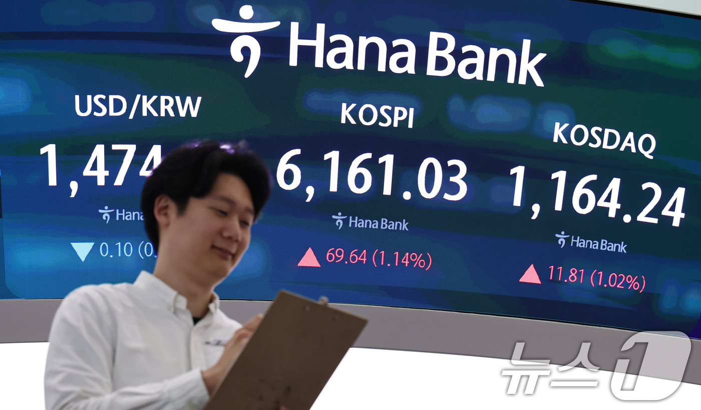 (서울=뉴스1) 구윤성 기자 = 16일 오전 서울 중구 하나은행 딜링룸 현황판에 개장 시황이 나타나고 있다. 이날 코스피는 미국과 이란의 종전 기대감에 전장 대비 0.95% 오른 …