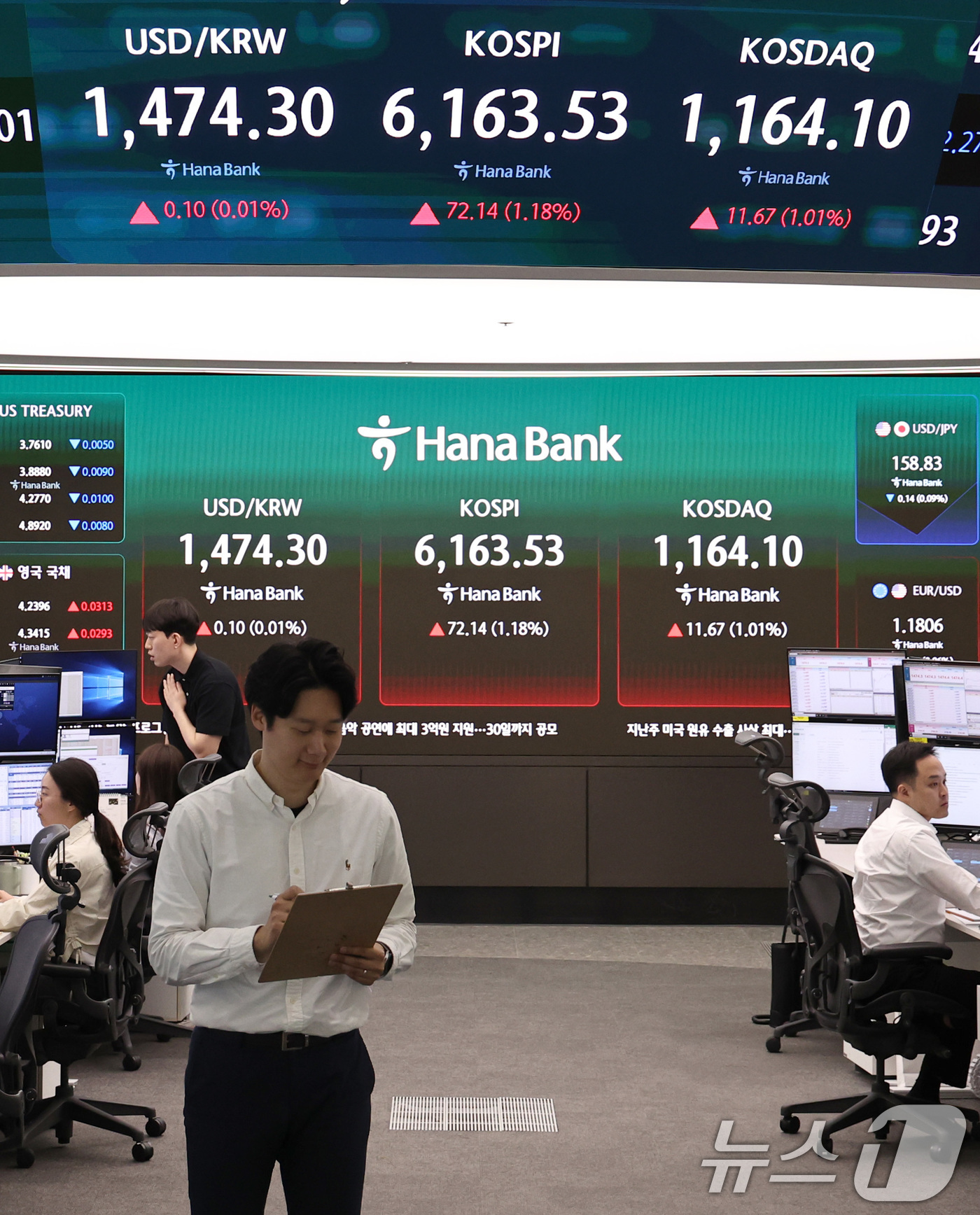 (서울=뉴스1) 구윤성 기자 = 16일 오전 서울 중구 하나은행 딜링룸 현황판에 개장 시황이 나타나고 있다. 이날 코스피는 미국과 이란의 종전 기대감에 전장 대비 0.95% 오른 …