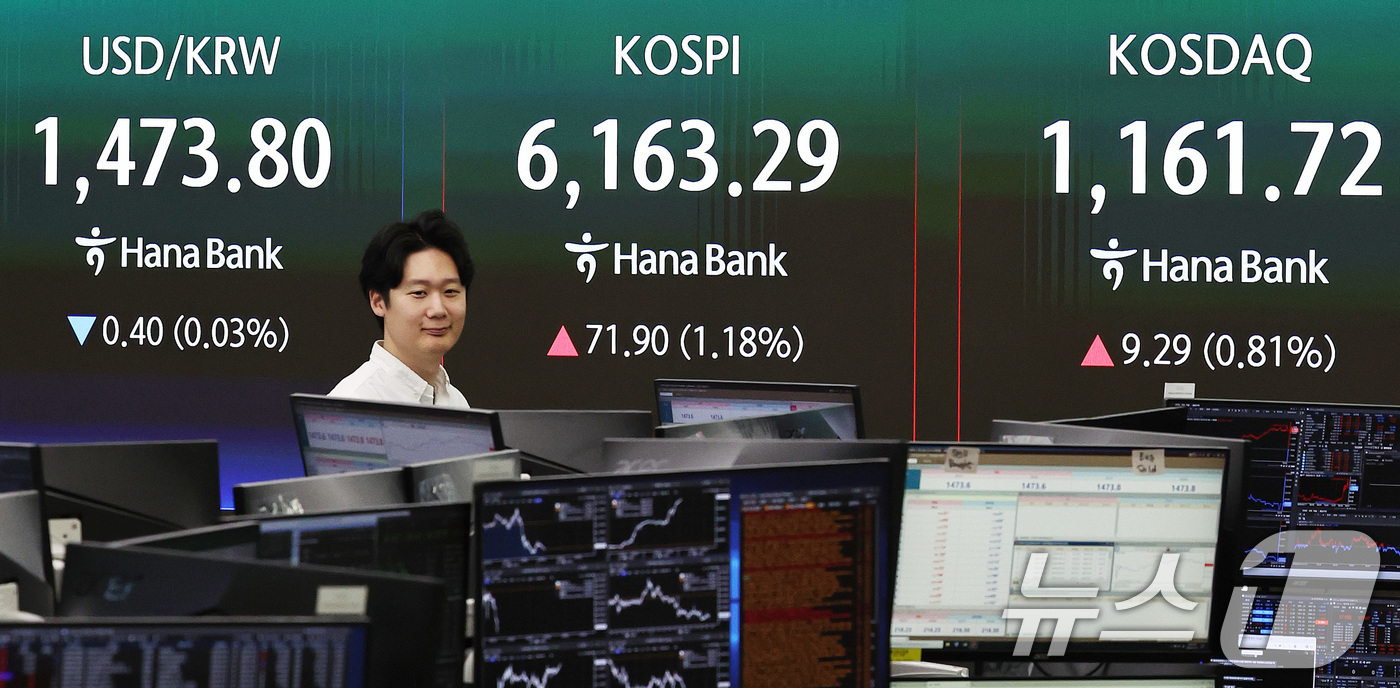 (서울=뉴스1) 구윤성 기자 = 16일 오전 서울 중구 하나은행 딜링룸 현황판에 개장 시황이 나타나고 있다. 이날 코스피는 미국과 이란의 종전 기대감에 전장 대비 0.95% 오른 …