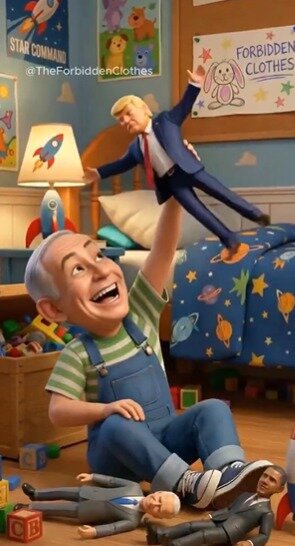 본문 이미지 - 도널드 트럼프 미국 대통령과 베냐민 네타냐후 이스라엘 총리를 디즈니 애니메이션 영화인 '토이스토리'에 빗대 조롱하는 인공지능(AI) 생성 영상. (사진=네덜란드 주재 이란 대사관 엑스(X) 갈무리)