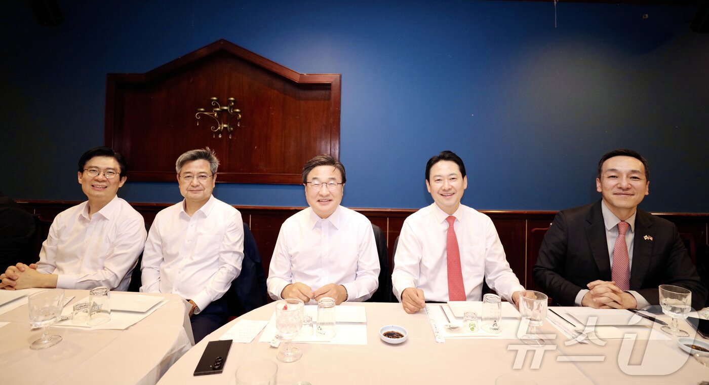 본문 이미지 - 장동혁 국민의힘 대표(왼쪽에서 네번째)와 조정훈 의원(왼쪽부터), 김장겸 의원, 김대식 의원, 김민수 최고위원이 15일(현지시간) 워싱턴DC 인근 한 식당에서 열린 한국 특파원단과이 간담회에서 사진 촬영에 응하고 있다.(워싱턴DC 특파원단) 2026.04.15. ⓒ 뉴스1 류정민 특파원