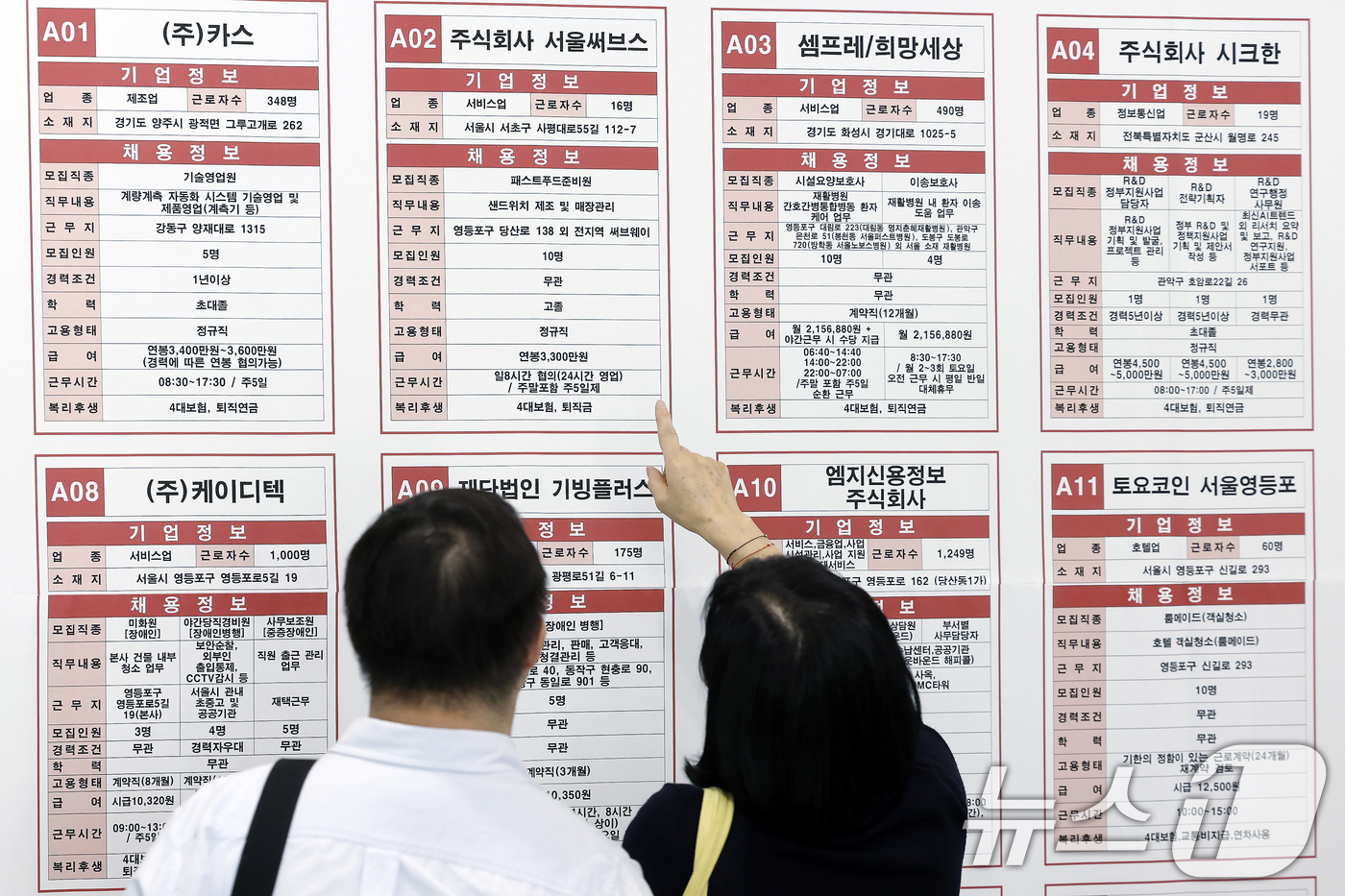 (서울=뉴스1) 박정호 기자 = 16일 오후 서울 영등포구 국회대로 영등포아트홀에서 열린 2026 희망·행복·미래 취업박람회를 찾은 구직자들이 채용게시대를 살펴보고 있다.이번 취업 …