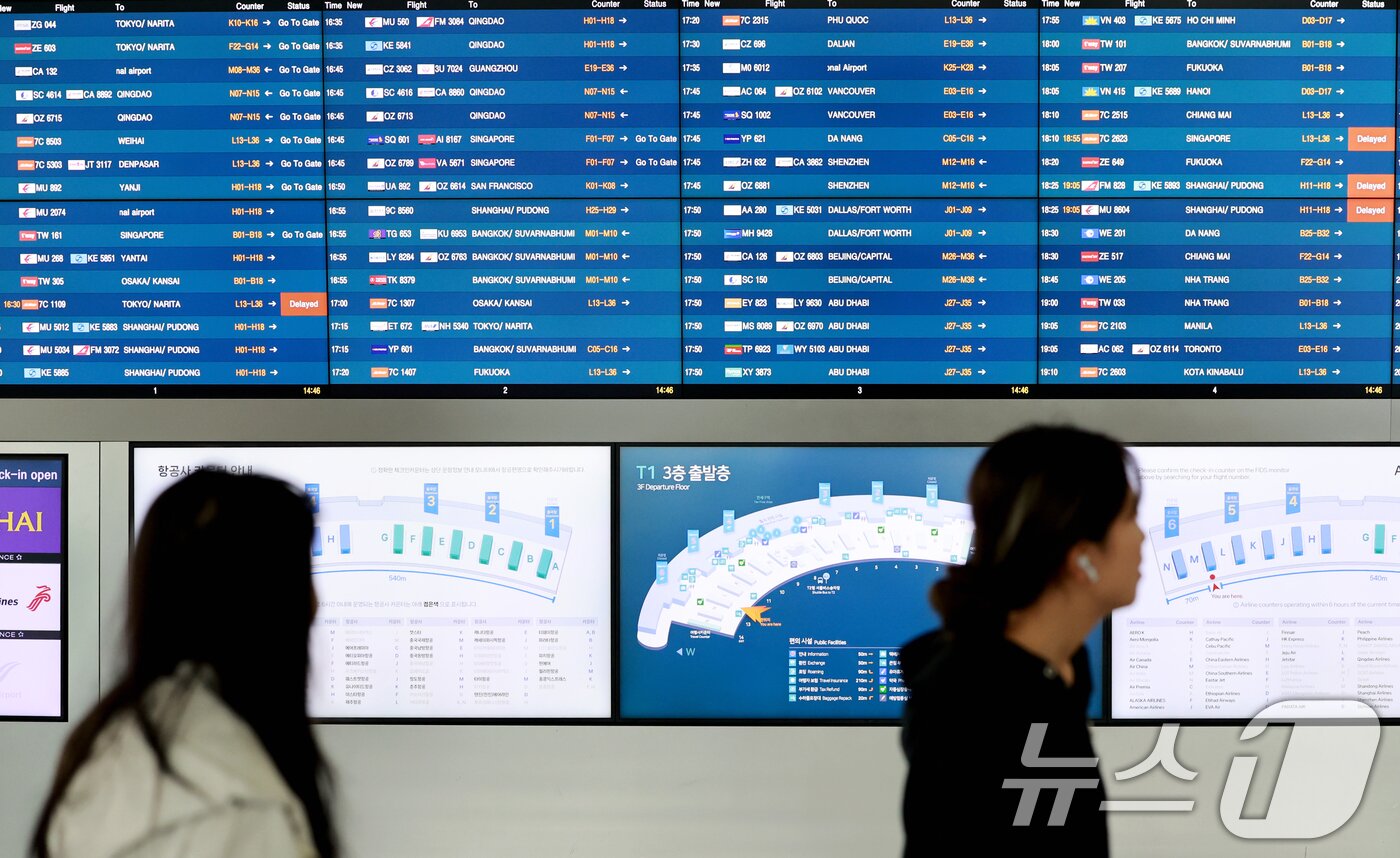 본문 이미지 - 중동 사태에 장기화로 국제선 항공권의 유류할증료가 사상 최고 수준으로 치솟은 16일 인천국제공항 제1여객터미널 출국장에서 여행객들이 이동하고 있다. 이날 항공업계에 따르면 5월 발권 국제선 항공권에는 유류할증료가 최고 수준인 33단계로 책정됐다. 대한항공 장거리 노선인 뉴욕·보스턴·시카고 등의 유류할증료는 지난달 9만9000원에서 5월 56만4000원으로 5배 넘게 상승했다. 2026.4.16 ⓒ 뉴스1 이호윤 기자