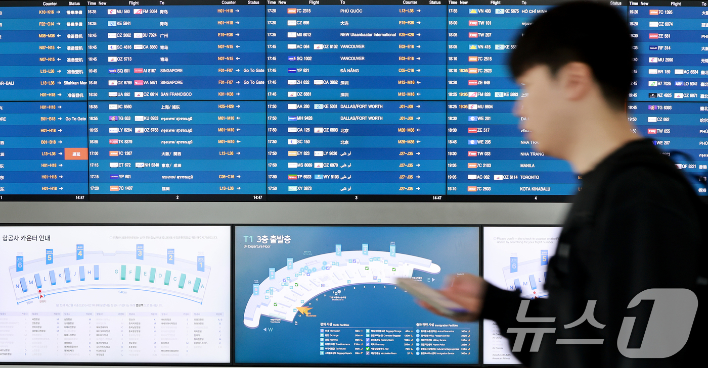 (인천공항=뉴스1) 이호윤 기자 = 중동 사태에 장기화로 국제선 항공권의 유류할증료가 사상 최고 수준으로 치솟은 16일 인천국제공항 제1여객터미널 출국장에서 여행객이 이동하고 있다 …