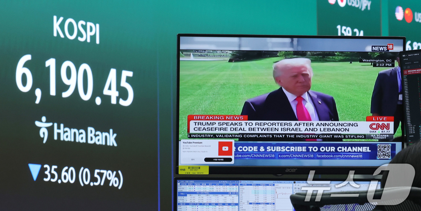 (서울=뉴스1) 박지혜 기자 = 17일 오전 서울 중구 하나은행 딜링룸 현황판에 코스피 지수가 나타나고 있다.이날 코스피는 전 거래일 보다 1.28포인트(0.02%) 상승한 622 …